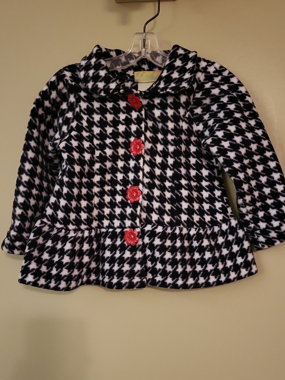 Penelope Mack black & white houndstooth peplum pea coat with red flower buttons